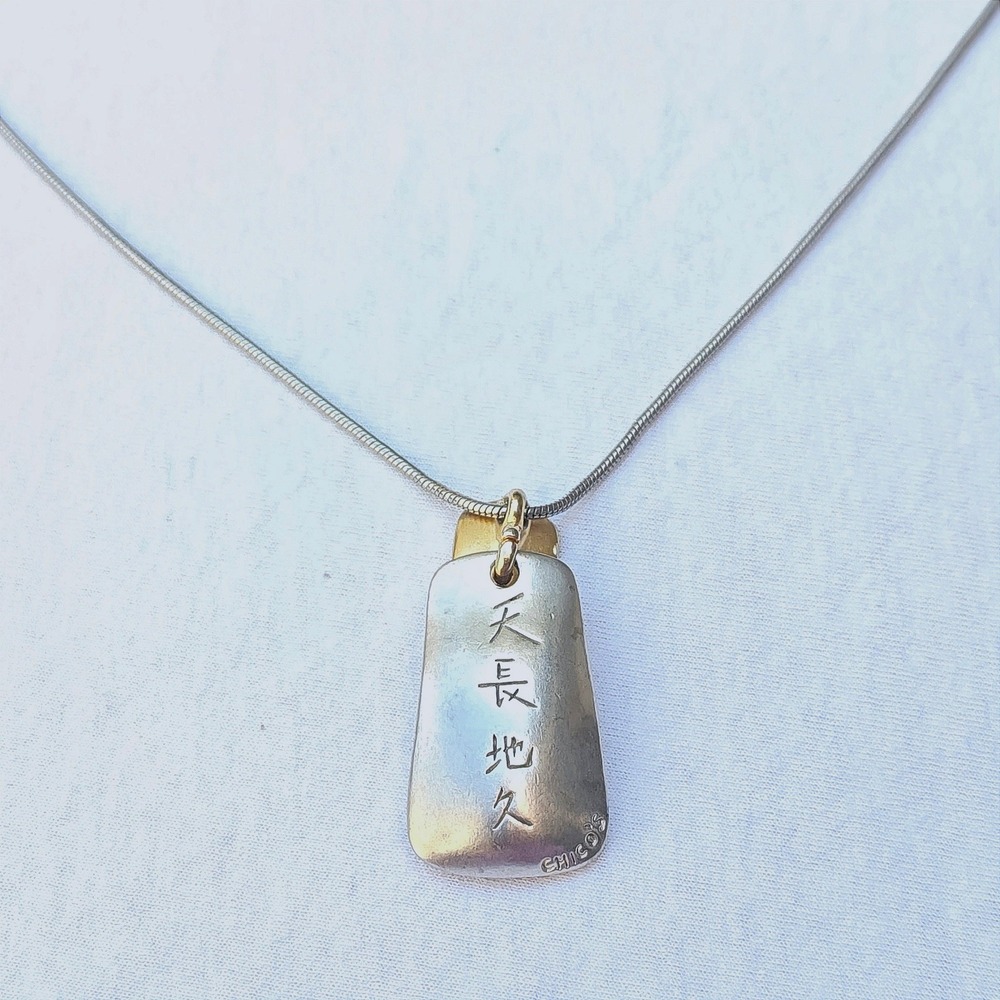 Chicos Two Tone Mixed Metal Chinese Character Tag Pendant Snake Chain Necklace
